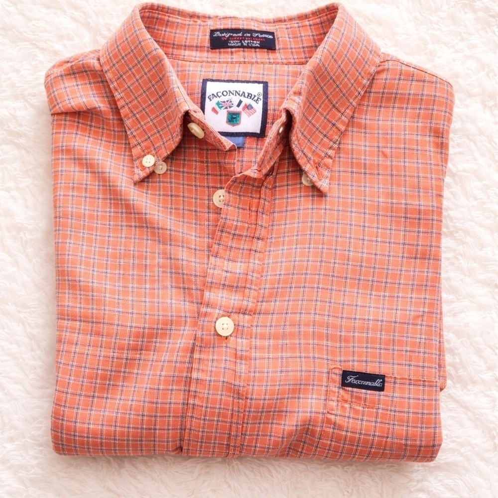 Faconnable Button Down Shirt‎ Mens M Orange Plaid Long Sleeve Cotton USA Made